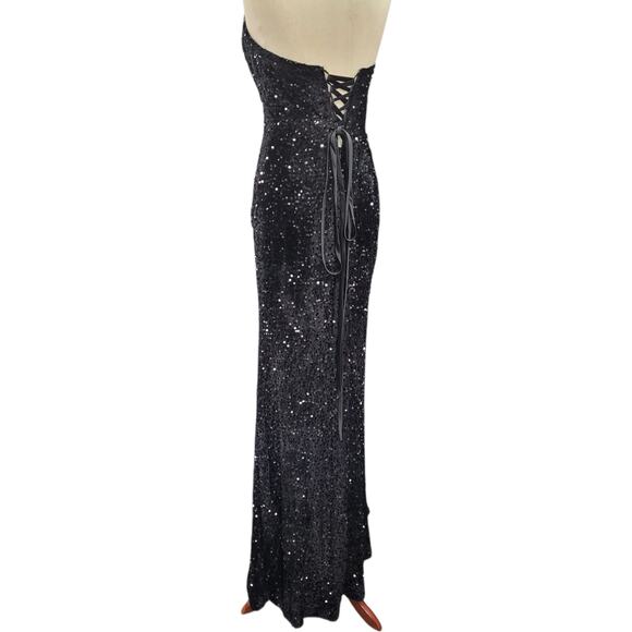 NWT Black Strapless Sequin Evening Gown with Corset Back on Velvet Fabric - Picture 4 of 12